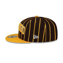 Load image into Gallery viewer, San Diego Padres New Era MLB 9FIFTY 950 Snapback Cap Hat Brown Pinstripes Crown Yellow Visor Yellow/White Text Logo (City Arch)