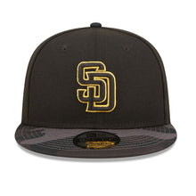 Load image into Gallery viewer, San Diego Padres New Era MLB 9FIFTY 950 Snapback Cap Hat Black Crown Black Camo Visor Black/Yellow Logo Dark Gray UV
