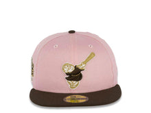 Load image into Gallery viewer, San Diego Padres New Era MLB 59FIFTY 5950 Fitted Cap Hat Pink Crown Brown Visor Brown/Metallic Gold Swinging Friar Logo Stadium Side Patch Cream UV