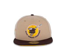 Load image into Gallery viewer, San Diego Padres New Era MLB 59FIFTY 5950 Fitted Cap Hat Camel Crown Dark Brown Visor Dark Brown/Yellow Swinging Friar Logo 1978 All-Star Game Side Patch Yellow UV