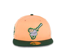 Load image into Gallery viewer, San Diego Padres New Era MLB 59FIFTY 5950 Fitted Cap Hat Peach Crown Dark Green Visor Pale Purple/Khaki Swinging Logo Established 1969 Side Patch