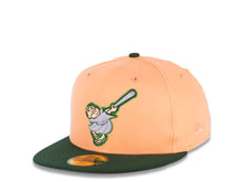 Load image into Gallery viewer, San Diego Padres New Era MLB 59FIFTY 5950 Fitted Cap Hat Peach Crown Dark Green Visor Pale Purple/Khaki Swinging Logo Established 1969 Side Patch