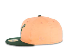Load image into Gallery viewer, San Diego Padres New Era MLB 59FIFTY 5950 Fitted Cap Hat Peach Crown Dark Green Visor Pale Purple/Khaki Swinging Logo Established 1969 Side Patch