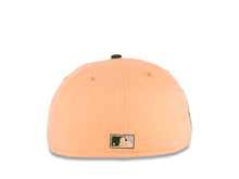 Load image into Gallery viewer, San Diego Padres New Era MLB 59FIFTY 5950 Fitted Cap Hat Peach Crown Dark Green Visor Pale Purple/Khaki Swinging Logo Established 1969 Side Patch