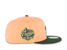 Load image into Gallery viewer, San Diego Padres New Era MLB 59FIFTY 5950 Fitted Cap Hat Peach Crown Dark Green Visor Pale Purple/Khaki Swinging Logo Established 1969 Side Patch