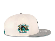 Load image into Gallery viewer, San Diego Padres New Era MLB 9FIFTY 950 Snapback Cap Hat Cream Crown Gray Visor Teal/Gold Batting Friar Logo Stadium Side Patch Aqua UV
