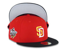 Load image into Gallery viewer, San Diego Padres New Era MLB 59FIFTY 5950 Fitted Cap Hat Red Crown Black Visor Yellow/White Logo 1998 World Series Side Patch Gray UV