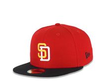 Load image into Gallery viewer, San Diego Padres New Era MLB 59FIFTY 5950 Fitted Cap Hat Red Crown Black Visor Yellow/White Logo 1998 World Series Side Patch Gray UV