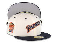 Load image into Gallery viewer, San Diego Padres New Era MLB 59FIFTY 5950 Fitted Cap Hat Cream Crown Navy Blue Visor Navy Blue/Metallic Silver/Orange Logo 25th Anniversary Side Patch