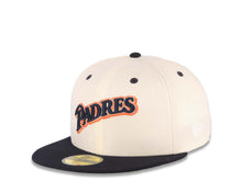 Load image into Gallery viewer, San Diego Padres New Era MLB 59FIFTY 5950 Fitted Cap Hat Cream Crown Navy Blue Visor Navy Blue/Metallic Silver/Orange Logo 25th Anniversary Side Patch