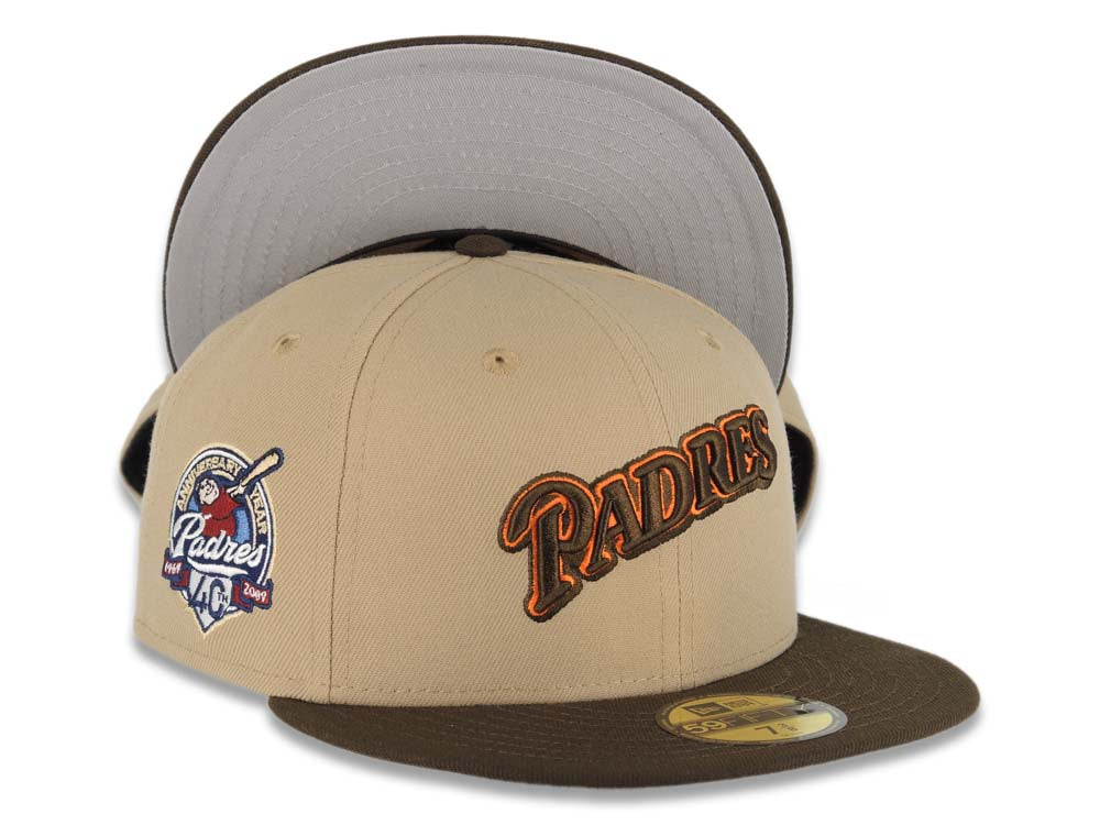 San Diego Padres New Era MLB 59FIFTY 5950 Fitted Cap Hat Khaki Crown Dark Brown Visor Brown/Orange Script Logo 40th Anniversary Side Patch Gray UV 6 7