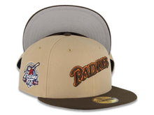 Load image into Gallery viewer, San Diego Padres New Era MLB 59FIFTY 5950 Fitted Cap Hat Khaki Crown Dark Brown Visor Brown/Orange Logo 40th Anniversary Side Patch Gray UV