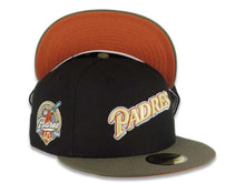 Load image into Gallery viewer, San Diego Padres New Era MLB 59FIFTY 5950 Fitted Cap Hat Black Crown Olive Visor Yellow Green/Dark Orange Script Logo 40th Anniversary Side Patch