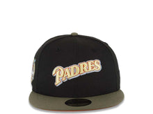 Load image into Gallery viewer, San Diego Padres New Era MLB 59FIFTY 5950 Fitted Cap Hat Black Crown Olive Visor Yellow Green/Dark Orange Script Logo 40th Anniversary Side Patch