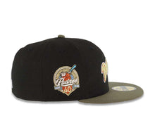 Load image into Gallery viewer, San Diego Padres New Era MLB 59FIFTY 5950 Fitted Cap Hat Black Crown Olive Visor Yellow Green/Dark Orange Script Logo 40th Anniversary Side Patch