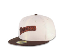 Load image into Gallery viewer, San Diego Padres New Era MLB 59FIFTY 5950 Fitted Cap Hat Cream Crown Brown Visor Brown/Orange Script Logo 40th Anniversary Side Patch Yellow UV
