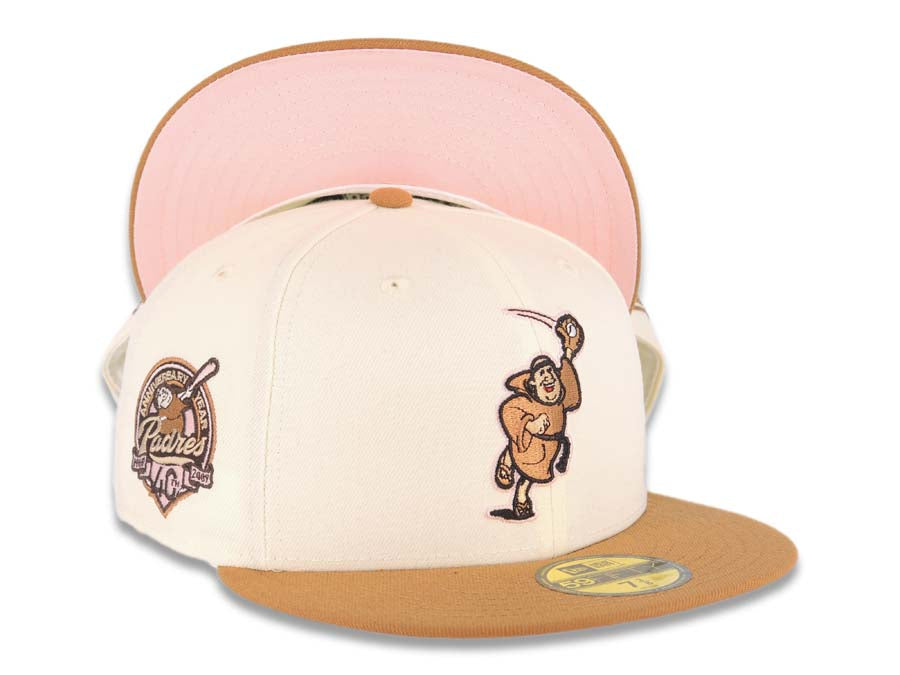 San Diego Padres New Era MLB 59FIFTY 5950 Fitted Cap Hat Cream Crown Light Brown Visor Brown/Pink Catching Friar Logo 40th Anniversary Side Patch 7 7/