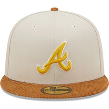 Load image into Gallery viewer, Atlanta Braves New Era MLB 59FIFTY 5950 Fitted Cap Hat Stone Crown Light Brown Corduroy Visor Yellow Logo 1995 World Series Side Patch Dark Green UV