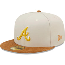 Load image into Gallery viewer, Atlanta Braves New Era MLB 59FIFTY 5950 Fitted Cap Hat Stone Crown Light Brown Corduroy Visor Yellow Logo 1995 World Series Side Patch Dark Green UV