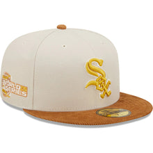 Load image into Gallery viewer, Chicago White Sox New Era MLB 59FIFTY 5950 Fitted Cap Hat Stone Crown Light Brown Corduroy Visor Yellow Logo 2005 World Series Side Patch Dark Green UV