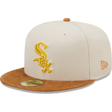 Load image into Gallery viewer, Chicago White Sox New Era MLB 59FIFTY 5950 Fitted Cap Hat Stone Crown Light Brown Corduroy Visor Yellow Logo 2005 World Series Side Patch Dark Green UV