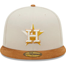 Load image into Gallery viewer, Houston Astros New Era MLB 59FIFTY 5950 Fitted Cap Hat Stone Crown Light Brown Corduroy Visor White/Yellow Logo 2017 World Series Side Patch Dark Green UV
