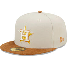 Load image into Gallery viewer, Houston Astros New Era MLB 59FIFTY 5950 Fitted Cap Hat Stone Crown Light Brown Corduroy Visor White/Yellow Logo 2017 World Series Side Patch Dark Green UV