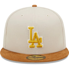 Load image into Gallery viewer, Los Angeles Dodgers New Era MLB 59FIFTY 5950 Fitted Cap Hat Stone Crown Light Brown Corduroy Visor White/Yellow Logo 1988 World Series Side Patch Dark Green UV