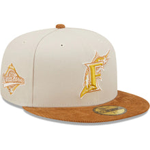 Load image into Gallery viewer, Florida Marlins New Era MLB 59FIFTY 5950 Fitted Cap Hat Stone Crown Light Brown Corduroy Visor Light Brown/Yellow Logo With 1997 World Series Side Patch Dark Green UV