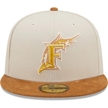 Load image into Gallery viewer, Florida Marlins New Era MLB 59FIFTY 5950 Fitted Cap Hat Stone Crown Light Brown Corduroy Visor Light Brown/Yellow Logo With 1997 World Series Side Patch Dark Green UV