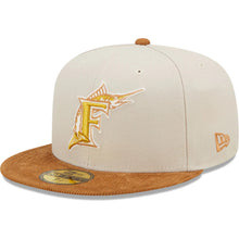 Load image into Gallery viewer, Florida Marlins New Era MLB 59FIFTY 5950 Fitted Cap Hat Stone Crown Light Brown Corduroy Visor Light Brown/Yellow Logo With 1997 World Series Side Patch Dark Green UV
