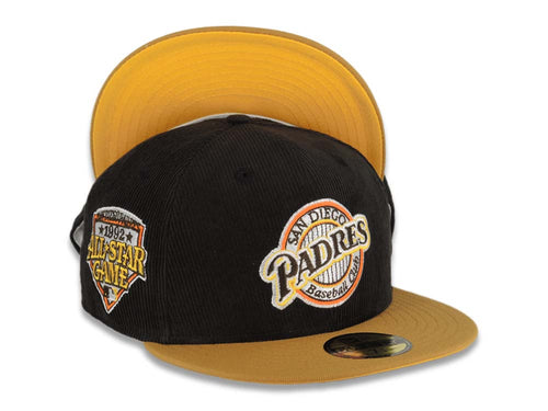 (Corduroy Crown) San Diego Padres New Era MLB 59FIFTY 5950 Fitted Cap Hat Black Crown Tan Visor Brown/Yellow Logo 1992 All-Star Game Side Patch
