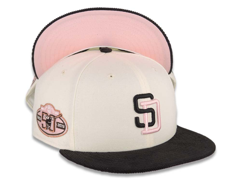 (Corduroy Visor) San Diego Padres New Era MLB 59FIFTY 5950 Fitted Cap Hat Cream Crown Black Visor Black/Pink Logo 50th Anniversary Side Patch 7 5/8