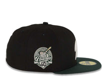 Load image into Gallery viewer, San Diego Padres New Era MLB 59FIFTY 5950 Fitted Cap Hat Black Crown Dark Green Visor White Logo 40th Anniversary Side Patch Gray UV