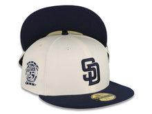 Load image into Gallery viewer, San Diego Padres New Era MLB 59FIFTY 5950 Fitted Cap Hat Cream Crown Navy Blue Visor Navy Blue Logo 25th Anniversary Side Patch Navy Blue UV