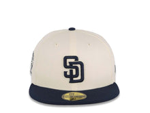 Load image into Gallery viewer, San Diego Padres New Era MLB 59FIFTY 5950 Fitted Cap Hat Cream Crown Navy Blue Visor Navy Blue Logo 25th Anniversary Side Patch Navy Blue UV