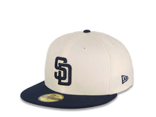 Load image into Gallery viewer, San Diego Padres New Era MLB 59FIFTY 5950 Fitted Cap Hat Cream Crown Navy Blue Visor Navy Blue Logo 25th Anniversary Side Patch Navy Blue UV