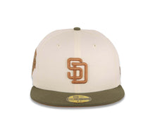 Load image into Gallery viewer, San Diego Padres New Era MLB 59FIFTY 5950 Fitted Cap Hat Cream Crown Olive Green Visor Light Brown Logo 1992 All-Star Game Side Patch Light Brown