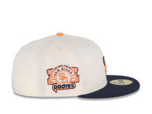 Load image into Gallery viewer, San Diego Padres New Era MLB 59FIFTY 5950 Fitted Cap Hat Cream Crown Navy Visor Light Orange/Brown Swinging Friar Logo Stadium Side Patch Gray UV