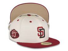 Load image into Gallery viewer, San Diego Padres New Era MLB 59FIFTY 5950 Fitted Cap Hat Cream Crown Cardinal Visor Caridnal/Dark Brown Logo 50th Anniversary Side Patch Khaki UV