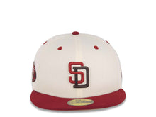 Load image into Gallery viewer, San Diego Padres New Era MLB 59FIFTY 5950 Fitted Cap Hat Cream Crown Cardinal Visor Caridnal/Dark Brown Logo 50th Anniversary Side Patch Khaki UV