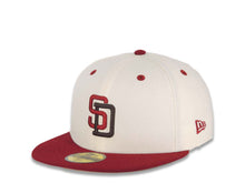 Load image into Gallery viewer, San Diego Padres New Era MLB 59FIFTY 5950 Fitted Cap Hat Cream Crown Cardinal Visor Caridnal/Dark Brown Logo 50th Anniversary Side Patch Khaki UV