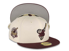 Load image into Gallery viewer, San Diego Padres New Era MLB 59FIFTY 5950 Fitted Cap Hat Cream Crown Maroon Visor Maroon/Metallic Gold Swinging Friar Logo 40th Anniversary Side Patch