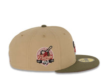 Load image into Gallery viewer, San Diego Padres New Era MLB 59FIFTY 5950 Fitted Cap Hat Khaki Crown Olive Visor Cardinal/Khaki Swinging Friar Logo 40th Anniversary Side Patch