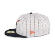 Load image into Gallery viewer, San Diego Padres New Era MLB 59FIFTY 5950 Fitted Cap Hat White Pinstripe Crown Navy Blue Visor Navy Blue/Orange Logo 1998 World Series Side Patch
