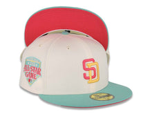 Load image into Gallery viewer, San Diego Padres New Era MLB 59FIFTY 5950 Fitted Cap Hat Cream Crown Light Teal Visor Magenta/Yellow Logo 1992 All-Star Game Side Patch Magenta UV