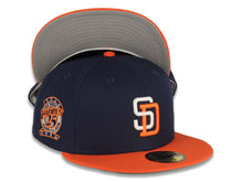 Load image into Gallery viewer, San Diego Padres New Era MLB 59FIFTY 5950 Fitted Cap Hat Navy Crown Orange Visor White/Orange Logo 25th Anniversary Side Patch Gray UV