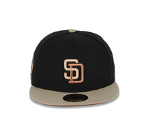 Load image into Gallery viewer, San Diego Padres New Era MLB 59FIFTY 5950 Fitted Cap Hat Black Crown Khaki Visor Khaki/Metallic Brown Logo 25th Anniversary Side Patch Dark Orange UV