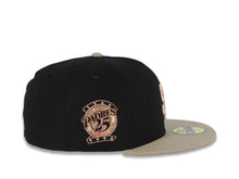 Load image into Gallery viewer, San Diego Padres New Era MLB 59FIFTY 5950 Fitted Cap Hat Black Crown Khaki Visor Khaki/Metallic Brown Logo 25th Anniversary Side Patch Dark Orange UV