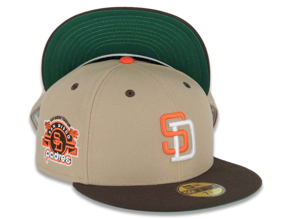San Diego Padres New Era MLB 59FIFTY 5950 Fitted Cap Hat Khaki Crown Brown Visor Orange/White Logo Stadium Side Patch Green UV 7